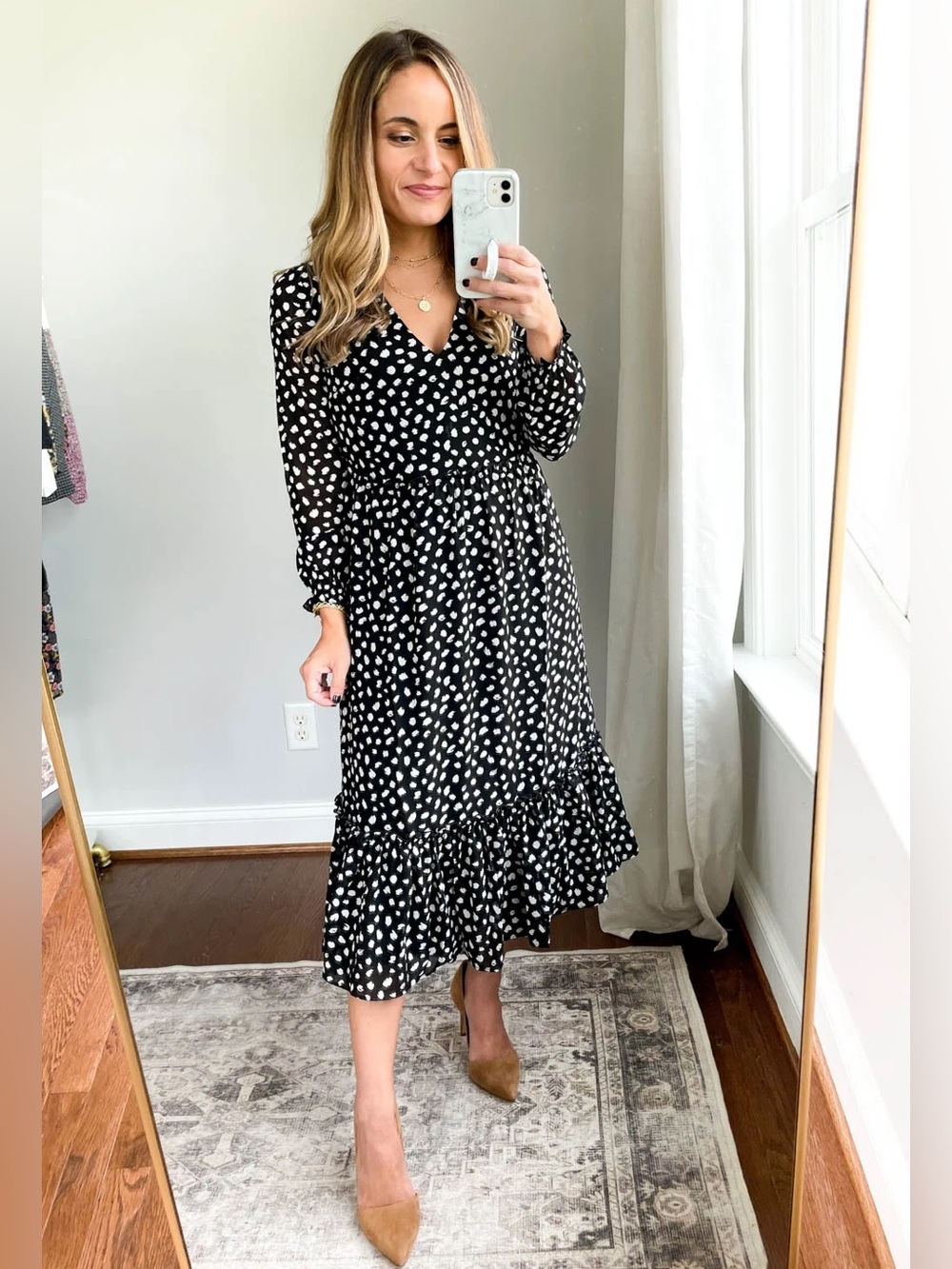 J. Crew Factory Black W/ White Spots Crinkle V-Neck Long Sleeve Midi Dress Sz LP